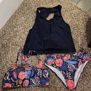 Women’s Black Tankini Top with Floral Bikini Set